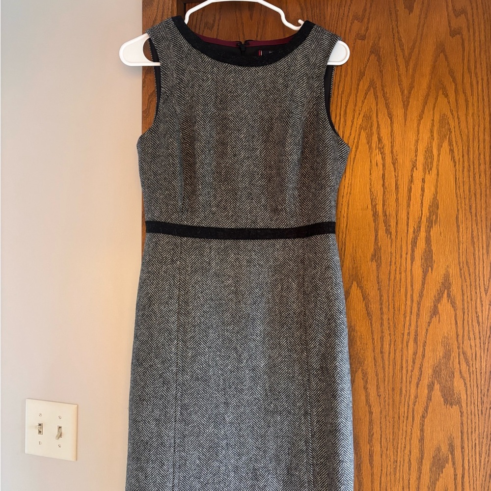 Boden Gray Herringbone Tweed Dress with Black Trim